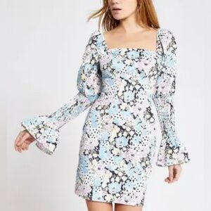 River Island Floral Cottagecore Puff Sleeve Mini Dress Women’s Size 4 US